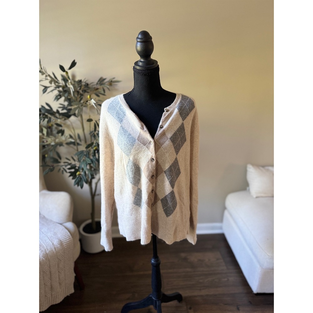 Apt 9 Womens XL Pure Cashmere Argyle Cardigan Sweater Beige Tan Grey V-Neck
